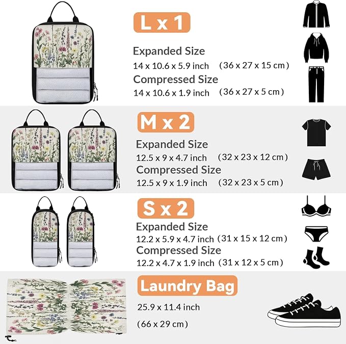 Herbs And Wild Flowers 6 Set Compression Packing Cubes Floral Expandable Packing Organizer for Travel Accessories Luggage Suitcase Bag