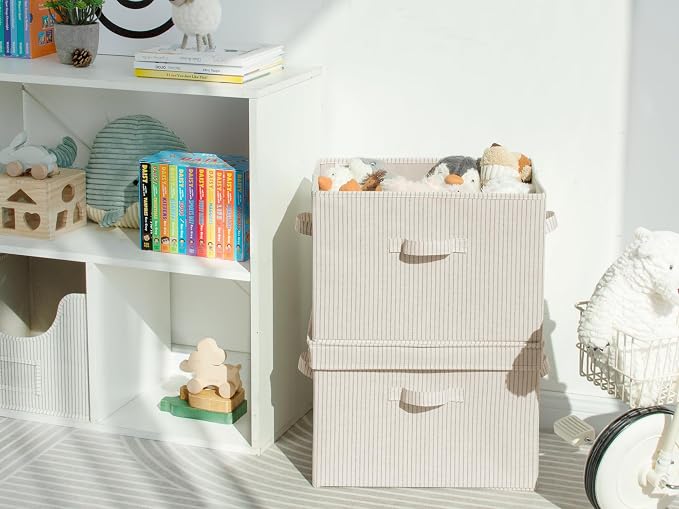 StorageWorks Fabric Storage Bins with Lids, Closet Storage Bins | Flip-Top Lid, 3 Handles, Collapsible, Stackable, for Clothes Blankets, Multi-Purpose, Jumbo, Khaki and Beige Stripes, 2-Pack