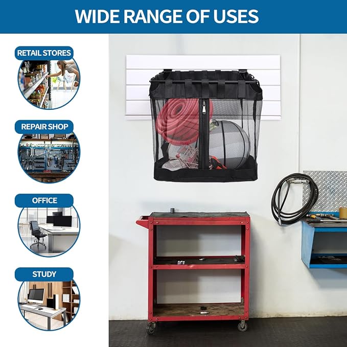 4Pcs Mesh Slatwall Baskets with Zipper,Hanging Storage Slat wall Baskets | Sturdy and Easy to Install Slatwall Accessories for Garage Shops Gym Home Display Organizing(16 * 12 * 16 inch)