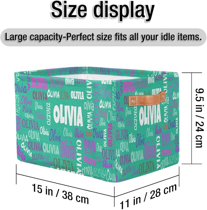 Personalized Name Storage Bins Basket Boxes, Light Sea Green Color | Organizing Boys Girls Pets Toys Closet Shelf Clothes Books