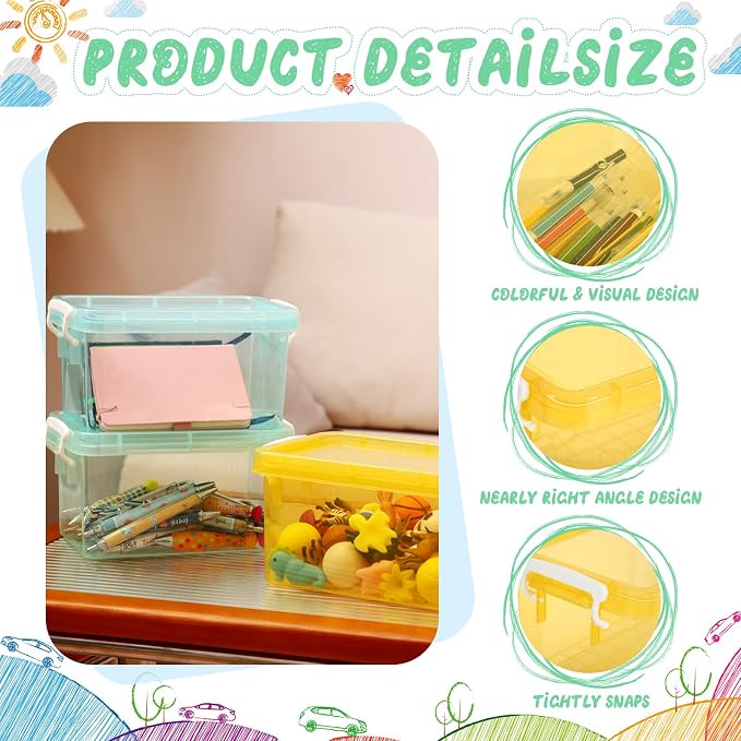6 Pack Colorful Plastic Storage Bins with Lids 4 Quart Small Storage Latch Box Stackable and Nestable Clear Organizer Bins with Latching Handle and Buckle for Organizing(Cute Color)
