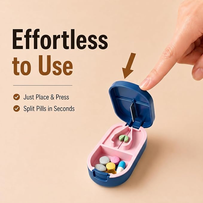 Pill Splitter for Accurate 1/2 Cuts – Sharp Blade, No Crushing, Easy to Use Tablet Cutter with Storage Compartment, Portable for Daily Medication, Seniors, Kids & Pets