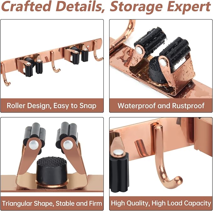 3 Racks and 4 Heavy Duty Hooks Mop and Broom Holder Wall Mount, Stainless Steel Broom Organizer Storage Utility Tool Racks for Home, Kitchen, Garage, Laundry Room. Rose Gold