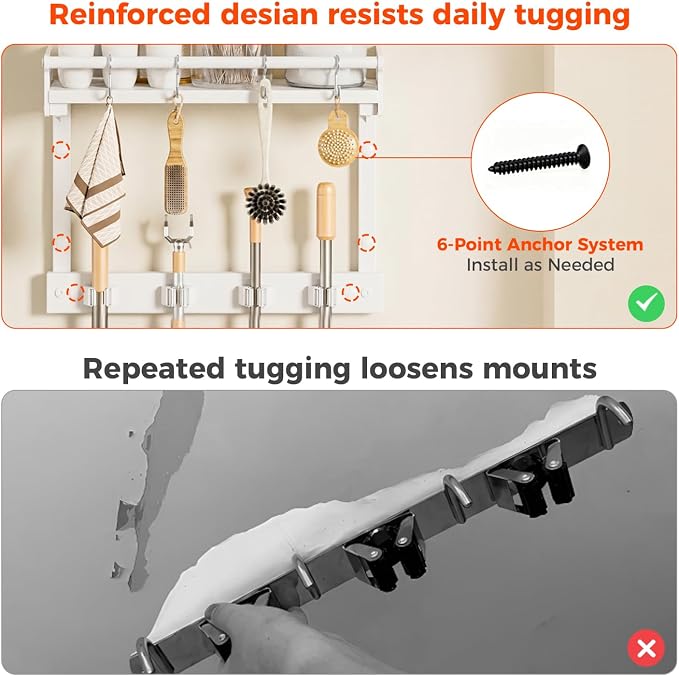 Broom Holder Wall Mount with Shelf,Broom Hanger with 4 Hooks,Broom and Mop Organizer Wall Hanging for Laundry,Garage, Utility,Broom Rack,Cleaning Supplies Organizer and Tool Storage,White