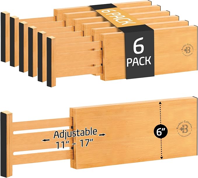 6-Pack Drawer Dividers 6-Inch High Dresser Drawer Organizer 11.5 to 17 Inch | Bamboo, Spring Loaded, No Tools Needed, for Clothes, Utensils, Socks and Deep Drawers in Bedroom, Bathroom, Kitchen, Office