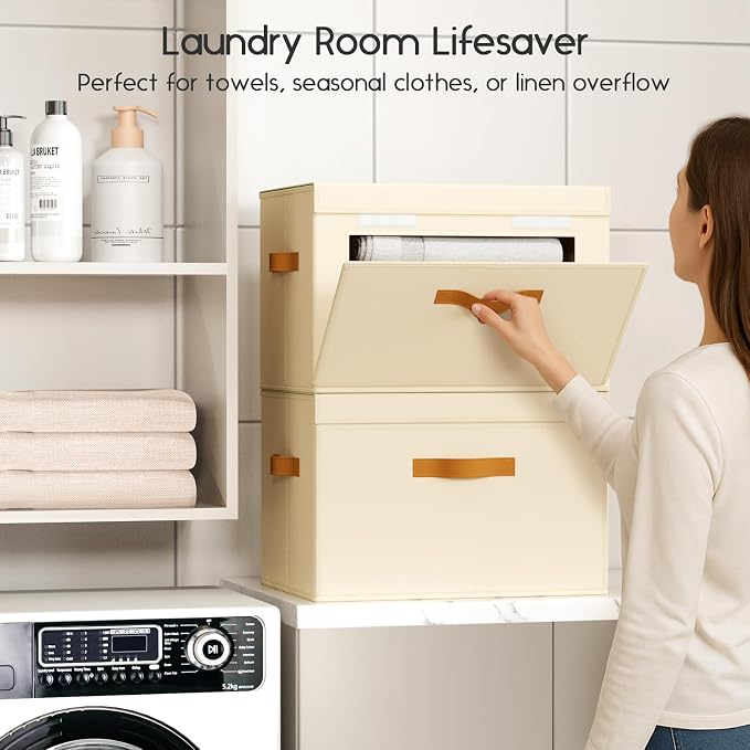 Homsorout Large Storage Bins with Lids - Front Opening Fabric Storage Bins, Flap Closet Organizer with Handles, Collapsible Boxes with Lid, Decorative Basket for Home, Dorm, 6 Pack, Beige