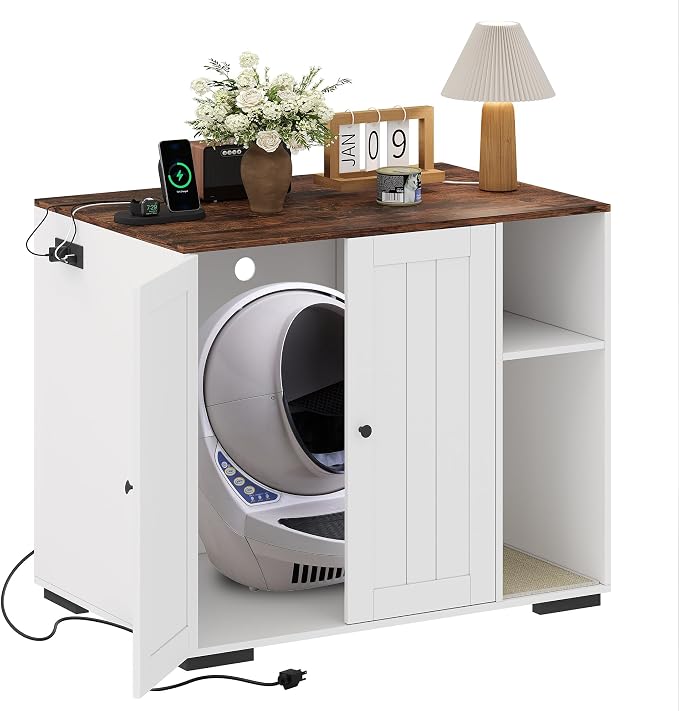 Large Robot 4 Litter Box Enclosure Cabinet with Built-in Power Outlet | Automatic Self‑Cleaning Litterboxes Furniture, Dog‑Proof Shelf, Robot Cabinet for Litter Box White