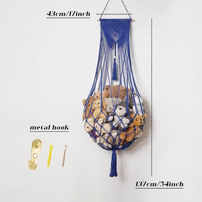 Stuffed Animal Net or Hammock Corner or Wall Hanging Net for Plush Toy Storage Boho Macrame Toy Display Nursery Bedroom Decor Stuffy Animal Toy Organizer (Blue)
