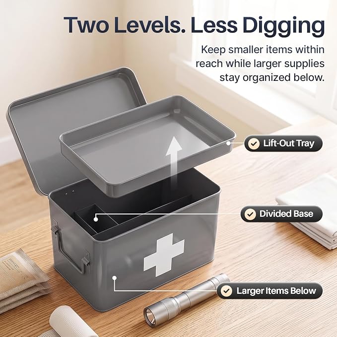 Flexzion Large Metal First Aid Box Empty, 8.5-Inch, Gray with White Cross | Vintage Medicine Box and First Aid Storage Organizer with Removable Tray and Dividers; Empty Box Only, Supplies Not Included