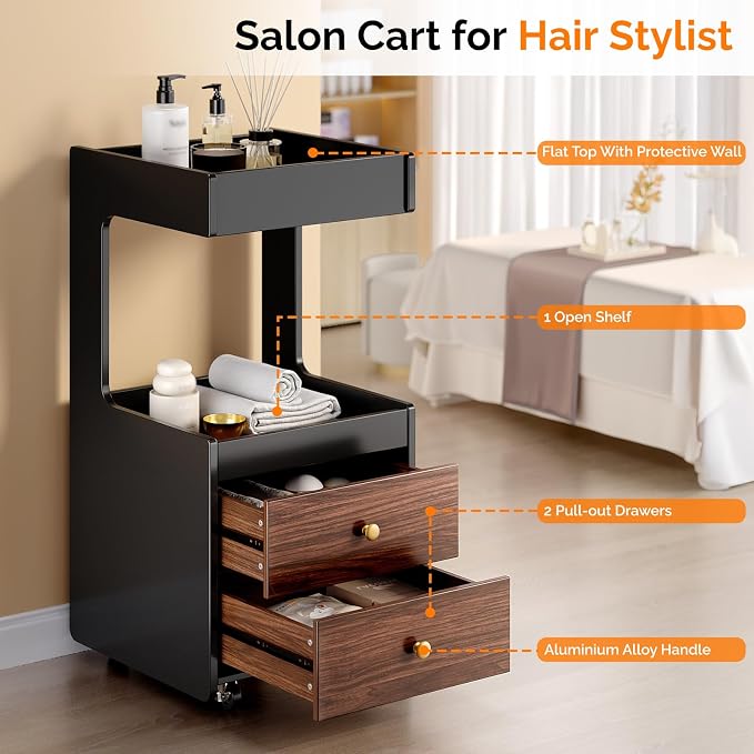 OmySalon Salon Trolley Cart, Esthetician Cart with Wheels, Hair Styling Station with 2 Drawers, 1 Open Shelf, Mobile Storage Cabinet Utility Trolley for Beauty Salon Spa, Black Walnut