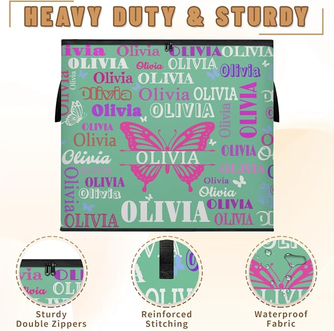 Personalized Storage Bags with Lid Large Blanket Clothes Mint Green Colorful Name Butterflies Organization and Storage Containers for Comforters,Bedding, Foldable Organizer with Reinforced Handle