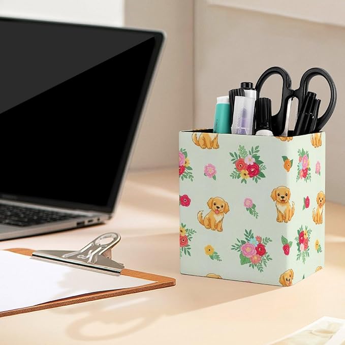 PU Leather Pencils Holder Organizer Case Golden Retriever Floral Dogs Desktop Pencil Cup Holder Stationery Container Box Office Makeup Brush Organization