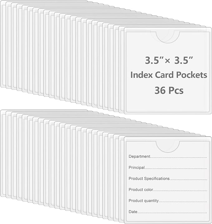 36 Pack Adhesive Index Card Pockets, 3.5" x 3.5", Clear, Top Open | Clear Pvc, Self-Adhesive Backing, Top-Loading Design, For Bins, Shelves, Totes, Office And Library Use