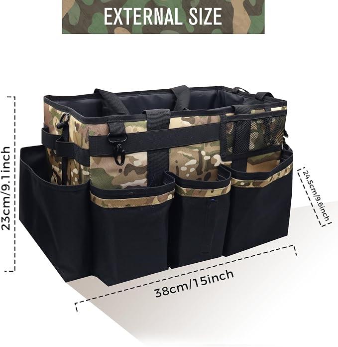 SCAVATA Wearable Cleaning Caddy Organizer with Handle & Shoulder Straps for Housekeepers, Under Sink & Car Cleaning Tool Organizer Bag with 4 Foldable Dividers (Camouflage)