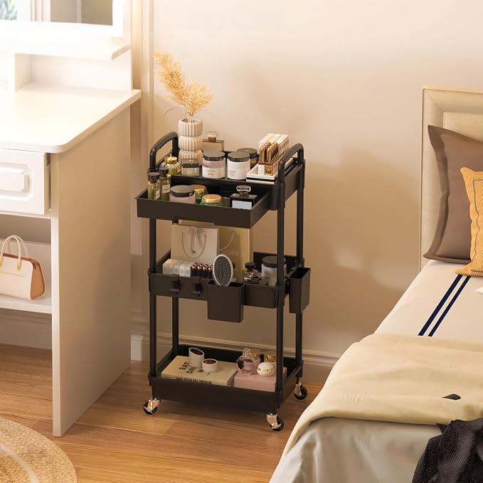 3 Tier Rolling Utility Cart with Drawer, Plastic Storage Organizer Rolling Carts with Wheels Handles Hanging Cups Hooks for Office, Bathroom, Kitchen,Craft Art Room (Black)