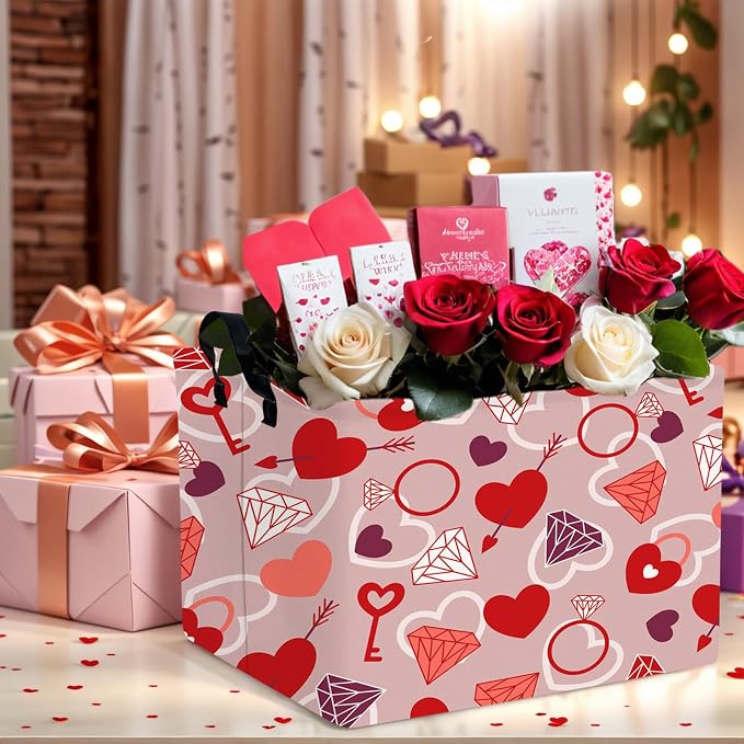 Valentine's Day Basket Gift for Empty Cute Heart Large Storage Bin for Kid and Baby Room Décor (Diamond Key Lock Love)
