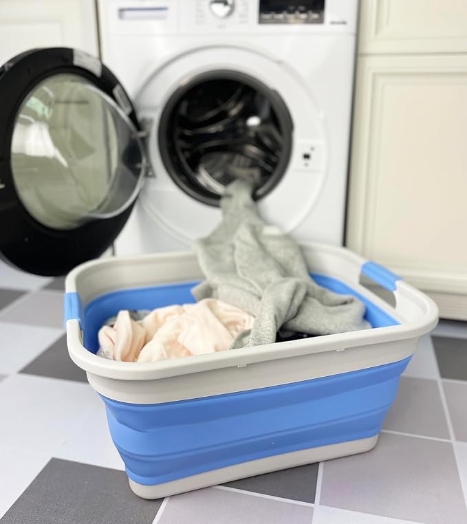 SAMMART 41L (10.8 gallon) Collapsible Plastic Laundry Basket - Foldable Pop Up Storage Container/Organizer - Portable Washing Tub - Space Saving (Grey/Little Boy Blue, Rectangular)