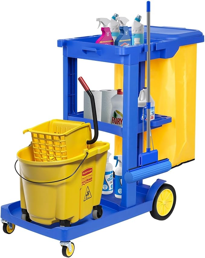 tonchean Commercial Janitorial Cart, 3-Shelf Housekeeping Cart with 22 Gallon Vinyl Bag & Cover, Large Cleaning Cart with Wheels for Hotel, Store, School, Office