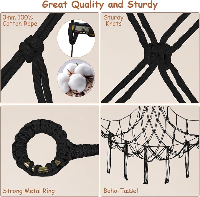 Stuffed Animal Storage Hammock Corner,55 Inch Large No Drill Toy Net,Black | Handcrafted Natural 100% Cotton Stuffy Hammock,Boho Macrame Toy Net,Stuffed Animals Storage Plush Holder,Nursery Room Decor