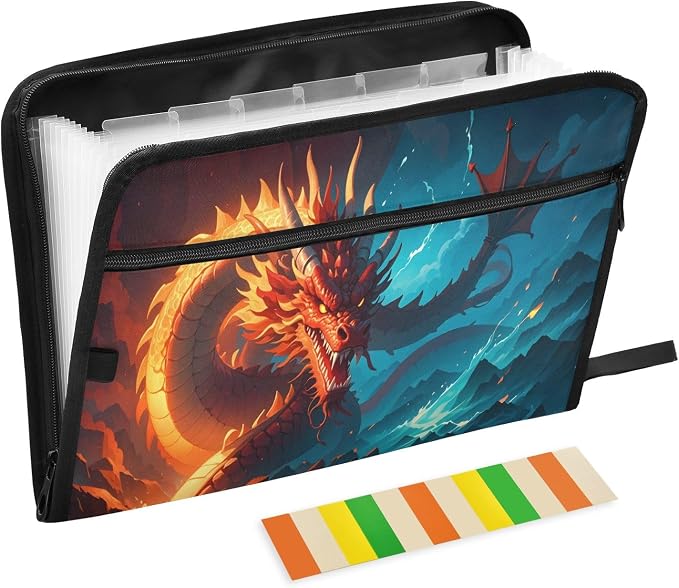 Dragon Water and Fire Anime 13 Pocket File Organizer Expanding File Folder with Front Pouch Portable Business File Storage Document Organizer Folder with Zipper
