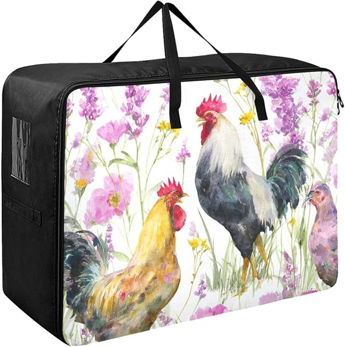 Comforter Storage Bags Large Folding Blanket Organizer Bag with Strong Handles Clear Window Closet Storage Containers for Clothes King Queen Pillows Bedding Quilt Duvet Roosters Hens Spring Wil