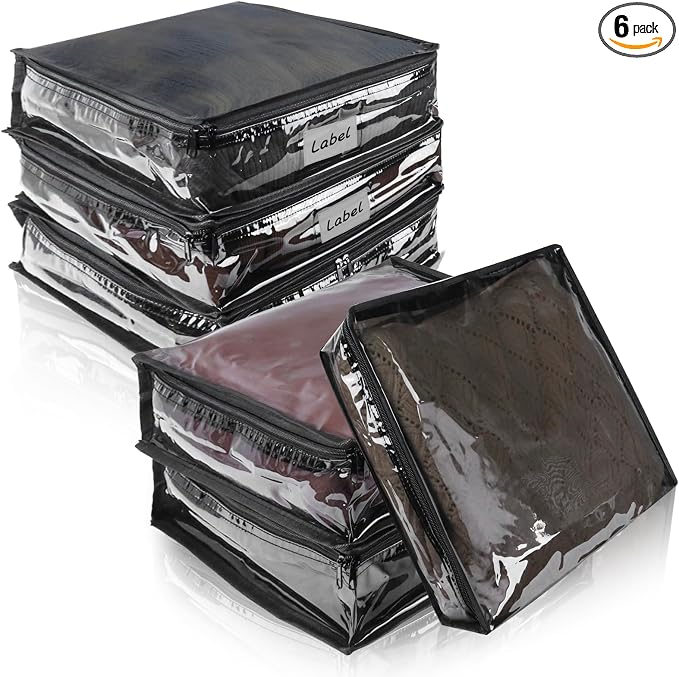 Clear Zippered Plastic Clothes Storage Bags, 6 Pack, Black | Clear Storage Bags with Zipper Plastic Storage Bags for Clothes Sweaters Blankets Sheets, Size: 15.7 x 13.8 x 3.9 Inch