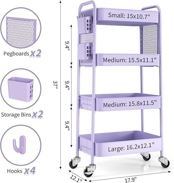 TOOLF 4 Tier Rolling Cart, Metal Utility Storage Cart with Pegboard, Purple | 2 Bins & 4 Hooks, Screwless Assembly, Lockable Wheels, Trolley Organizer for Bathroom, Kitchen, Office, Dorm, Craft Room