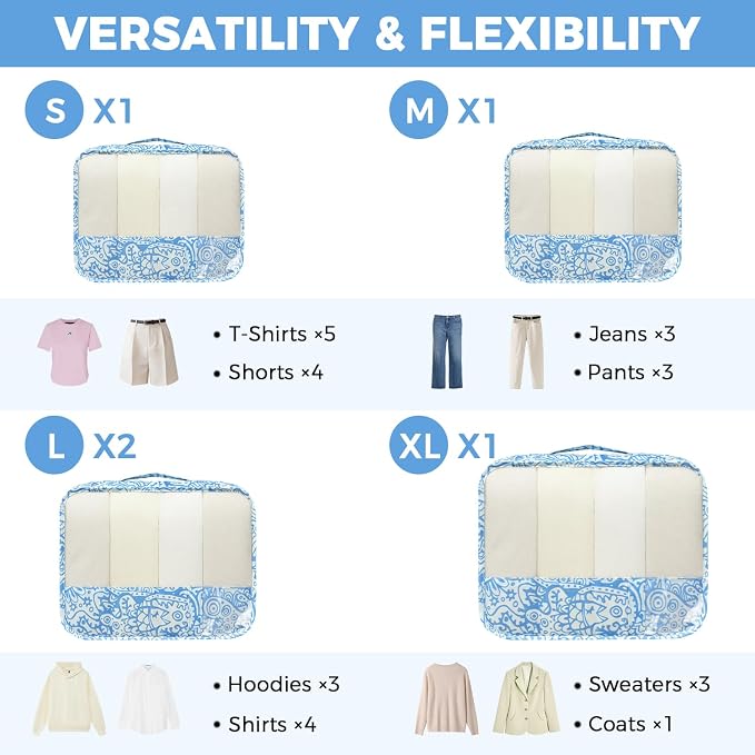 BAGAIL 9 Set Packing Cubes with Packing List Luggage Packing Organizers for Travel Accessories (Blue paisley)