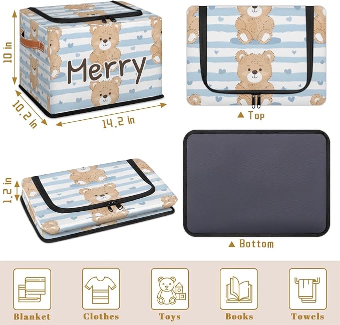 Custom Cute Bear Storage-Bin With Zipper Lid for Kids-Girls-Boys-Baby-Pet,Personalized Name Foldable Storage Box with Handle,Baby Basket With Label for Bedroom Nursery Toy Clothes,White Blue Stripe