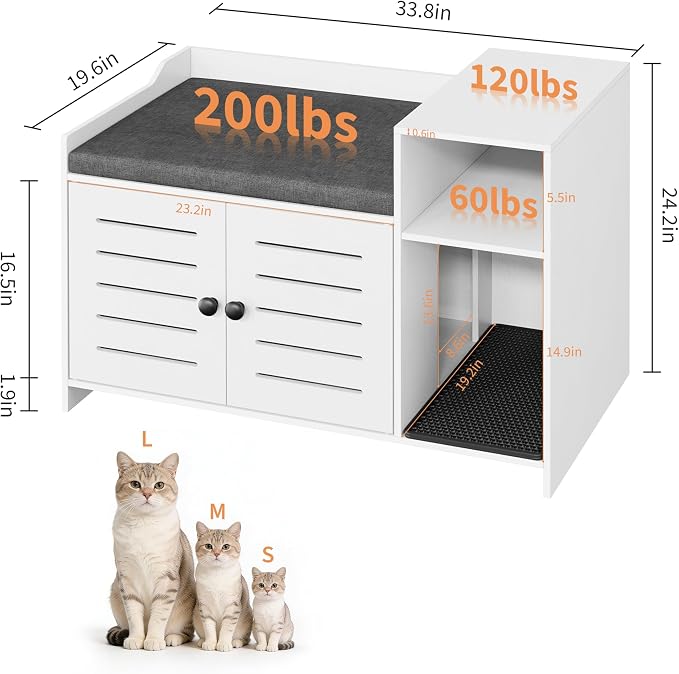 Cat Litter Box Enclosures, Large Hidden Cat Litter Box Furniture with Double Door, Wooden End Table Litter Box Cabinet with Storage Shelf, Cushion & Litter Mat, Dog Proof Design, Modern Cat House