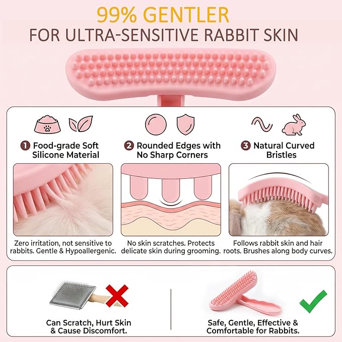 MCTOURY Rabbit Brush for Shedding Grooming: Effective at Removing 99% Loose Hair - Gentle Massage Appears Relaxed Comfortable & Soft Bristles - Safe for Sensitive Bunnies Cats Small Pets