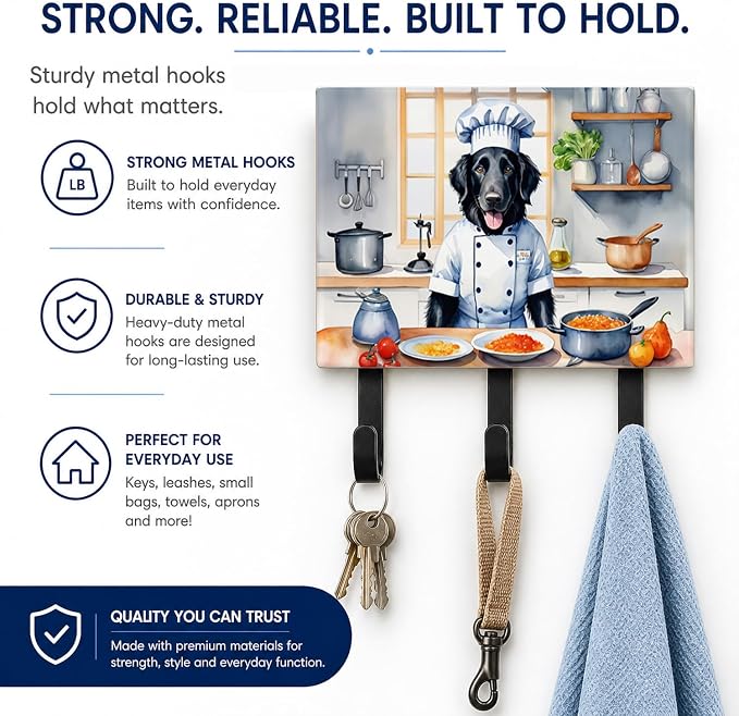 Caroline's Treasures Flat-Coated Retriever The Chef Leash or Key Holder Wall Hooks, Key Hooks Holder, Coat Rack Wall Mount, Coat Hooks, Hooks for Hanging Keys, Towels, Aprons, Leashes | Flat-Coated Retriever The Chef artwork on ceramic tile with three ...