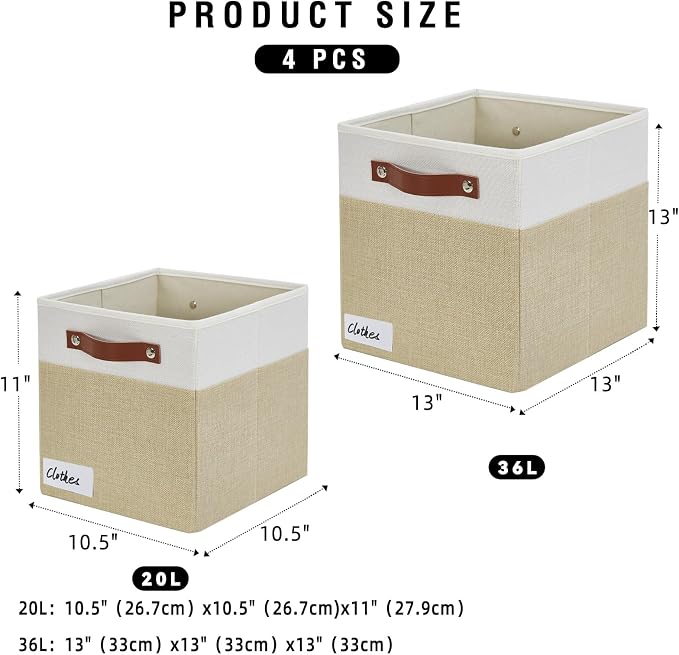 Collapsible Fabric Storage Cube Bins with 2 Reinforced PU Handles, Foldable Storage Organizer Baskets for Closet, Shelves, Living Room | 11"x11"x11", 4 Pack, Beige & White