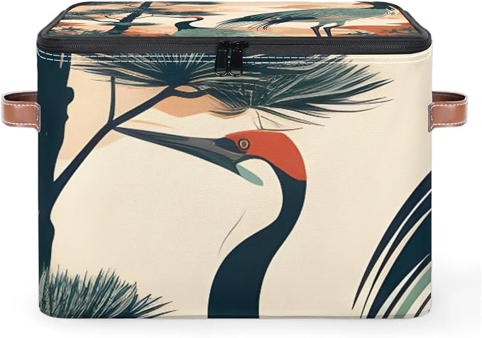 Crane Birds Foldable Storage Bin with Lid Zipper | Closet Shelf Organizer, Boxes, Basket Containers for Home, Lidded Storage Cube for Bedroom, Waterproof, with Handles