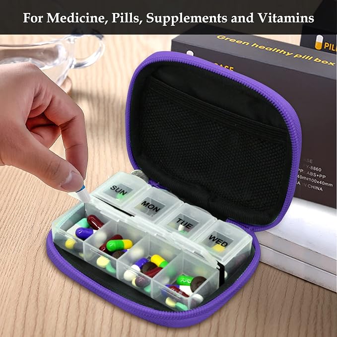 Serfeymi Weekly Travel Pill Organizer Pill Case for Purse with Removable 7 Day Pill Box, Fashionable Travel Medicine Organizer Pill Container for Medicine, Vitamin, Supplement - Green 01 + Purple 01