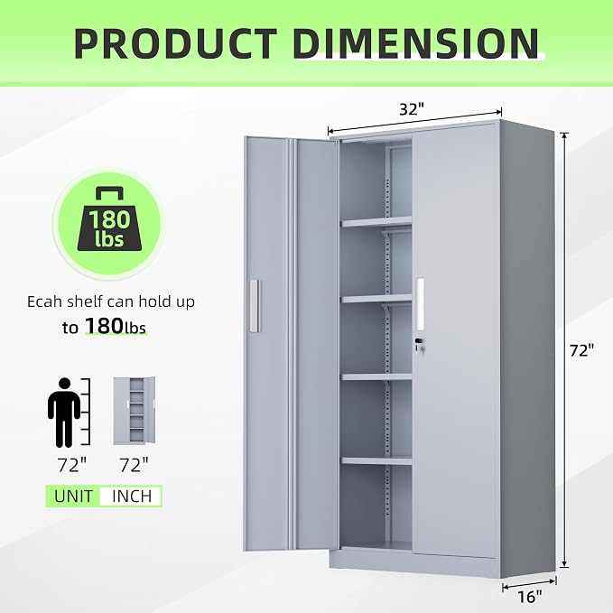 Crownland 72" Metal Storage Cabinet, Lockable Garage Storage Cabinets, High Office Cabinet with Adjustable Shelves for Garage, Home Office, Classroom, Pantry, File(Cement Grey-Narrow Size)