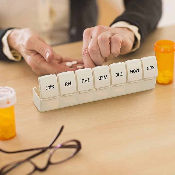 BUG HULL Weekly Pill Organizer Large 2 Packs, Extra Large Travel Pill Organizers, Pill Box 7 Day, Travel Pill Case, Medicine Pill Organizer for Medications (Black+Beige)