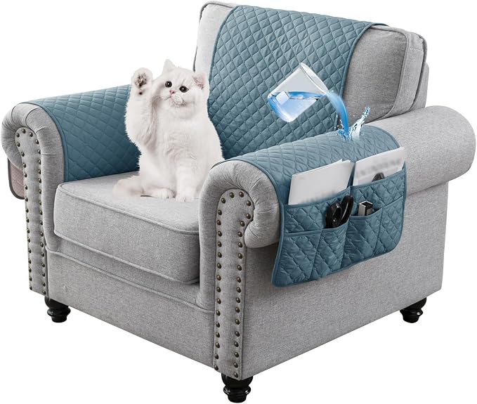Water-Resistant Sofa Armrest and Headrest Covers with Side Pocket | Keep remotes close quilted polyester helps guard against wear, pet scratches, and kids' messes silicone backing adds grip