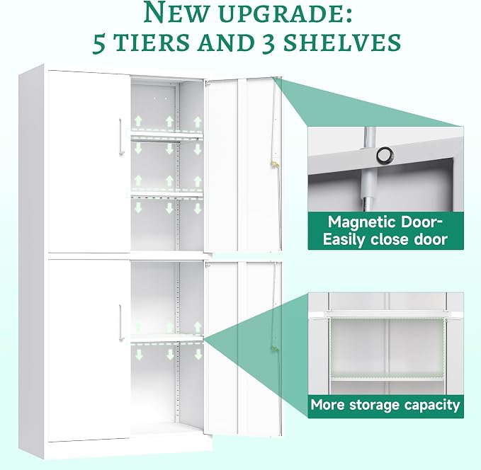 Metal Storage Cabinet with Lock Door, Adjustable Shelf Steel Cabinets for Office, Home,Pantry,Kitchen,Garage Utility Cabinet (4 Door-White)