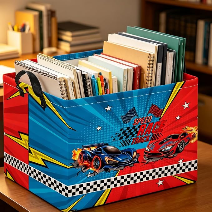 Rectangle Storage Basket with Handles,Collapsible Storage Bin,Books Box,Gift Basket(Red vs. Blue Racing)