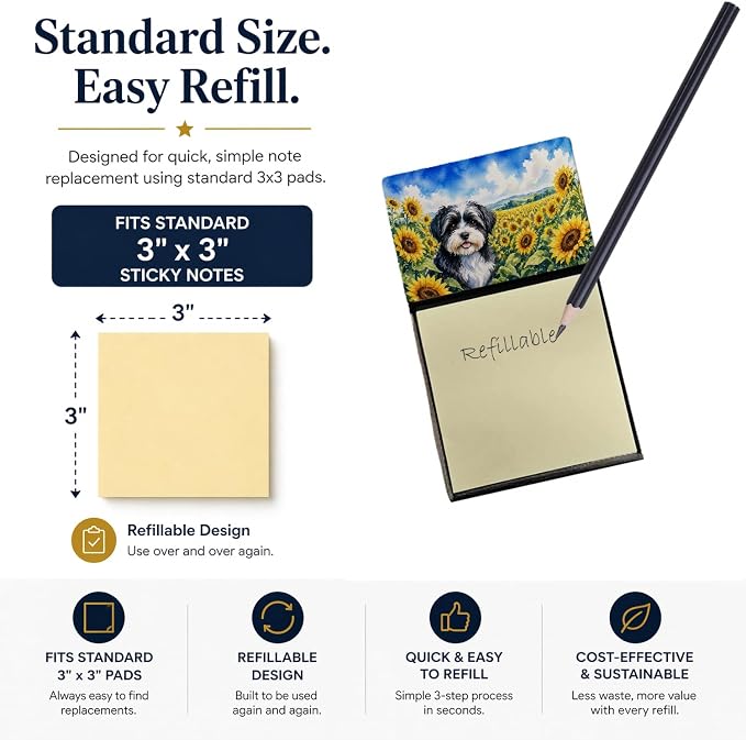 Caroline's Treasures Havanese in Sunflowers Watercolor Sticky Note Holder Refillable Dispenser Desk Accessory 3x3 Pad Gift