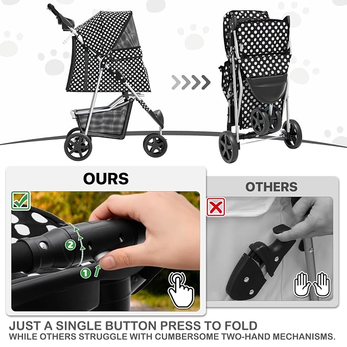 MoNiBloom Pet Stroller for Small/Medium Dogs and Cats, Black Polka Dots | Foldable Dog Stroller 3 Wheels Pet Strolling Cart w/ Storage Basket Cup Holder, Breathable and Visible Mesh for All-Season