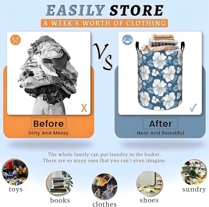 Majestic Tiger with Blue Lightning Strikes Laundry Basket with Handles, 19.7"x15.7" Clothes Foldable Laundry Hamper Organizer for Dorm Nursery Bedroom Bathroom Decor, Toy Storage Bin for Kids