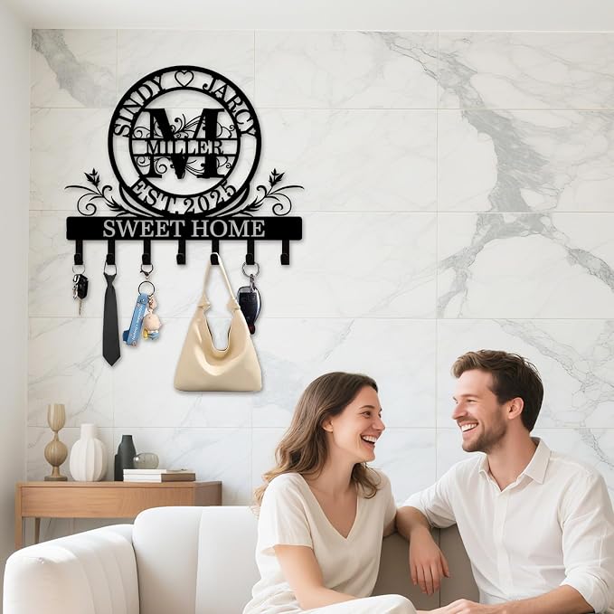 Personalized Monogram Key Holder for Wall, Custom Family Name Hooks | Monogram name design with rust-resistant metal, free hardware, ideal for new home, wedding, couples and housewarming