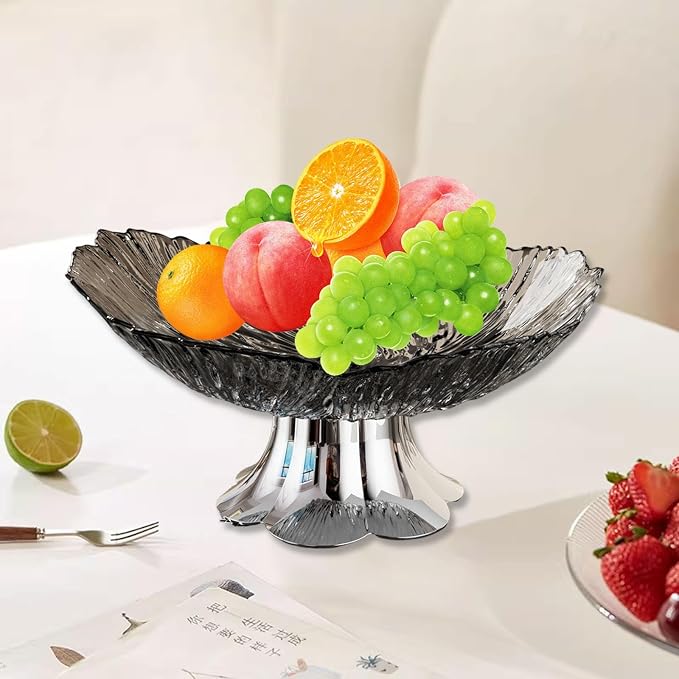 Pedestal Fruit Bowl, Snack Storage Holder, Fruit Tray, Dessert Display Stand, Decorative for Living Room Kitchen Home, E with Silver Base, Black