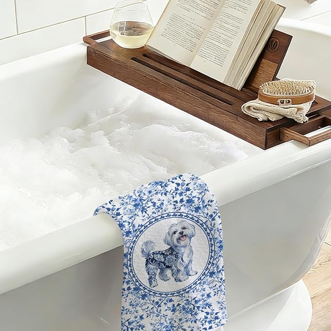 Chicimln Chinoiserie Maltese Dog Kitchen Towels, Maltese Lover Gifts Decorative Hand Towels for Bathroom, Blue and White Dog Dish Tea Towel Drying Cloth for Kitchen Decor,16x24 Inch,Set of 2