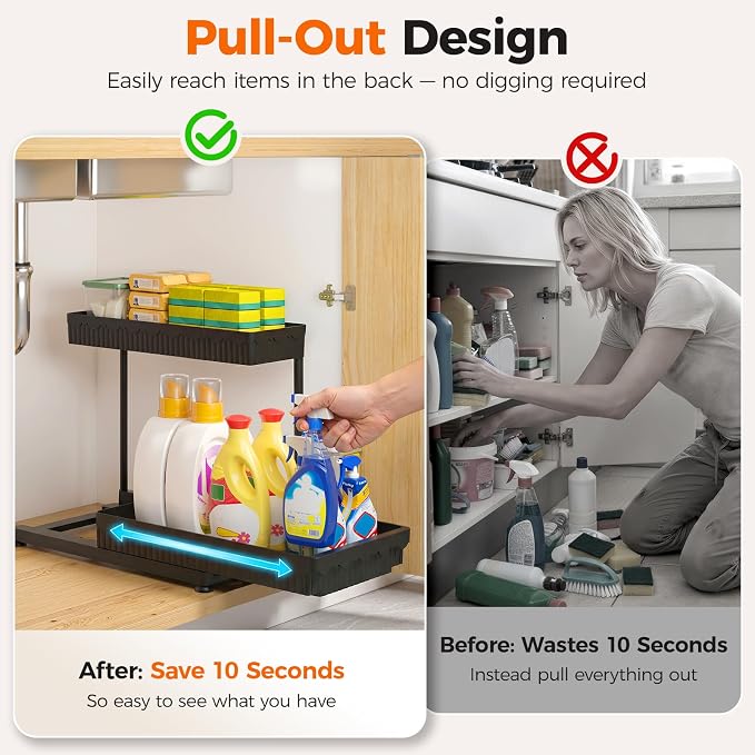 3-Pack 2-Tier L-Shaped Under Sink Organizers with Sliding Drawers | Multi-use kitchen & bathroom storage, 14.85 inch black cabinet organizer, space-saving sliding drawer design.