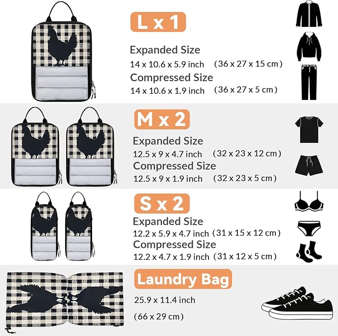 Chicken Hen 6 Set Compression Packing Cubes Buffalo Check Plaid Expandable Packing Organizer for Travel Accessories Luggage Suitcase Bag