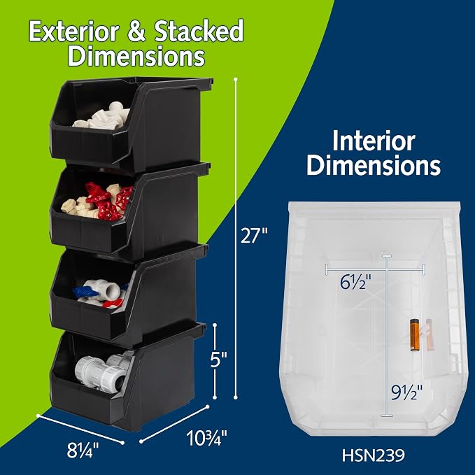 Medium-Tall Stackable Plastic Storage Bins, 4-Pack, Black | Open-Front Stackable Bins For Garage, Pantry, Closet & Office, 7"L X 11"W X 8"H, Nests When Empty, Durable Plastic