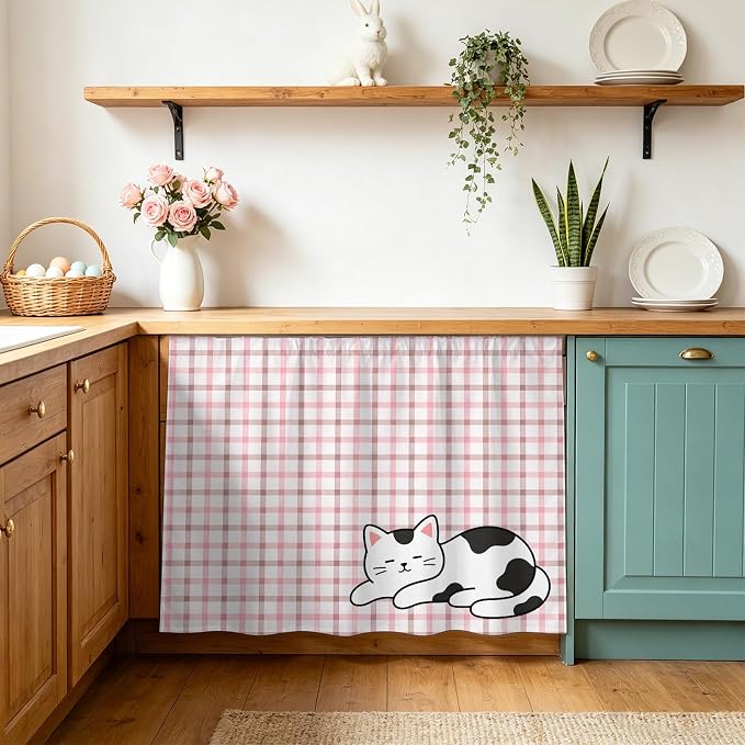 Cute Cat Oven Skirt Curtain for Kitchen Decor 28"x35", Pink Brown Checked Modern Pet Cats Rustic Self Adhesive Stove Curtains Skirt Cabinet Curtains for Bathroom Laundry Room